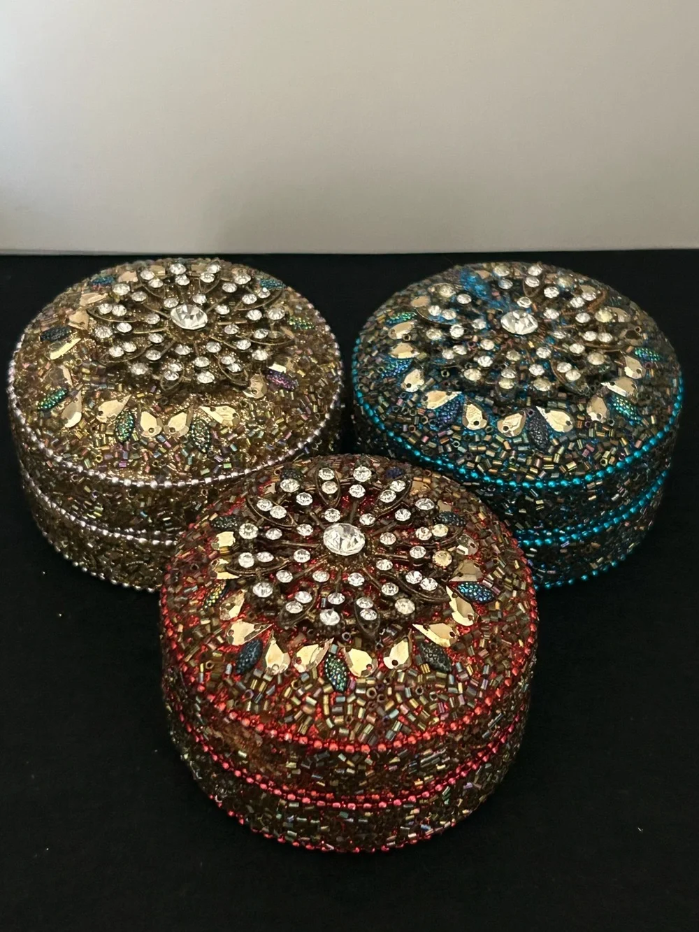 Pier 1 Set of 3 Round Jeweled Aluminum Trinket Jewelry Storage Boxes